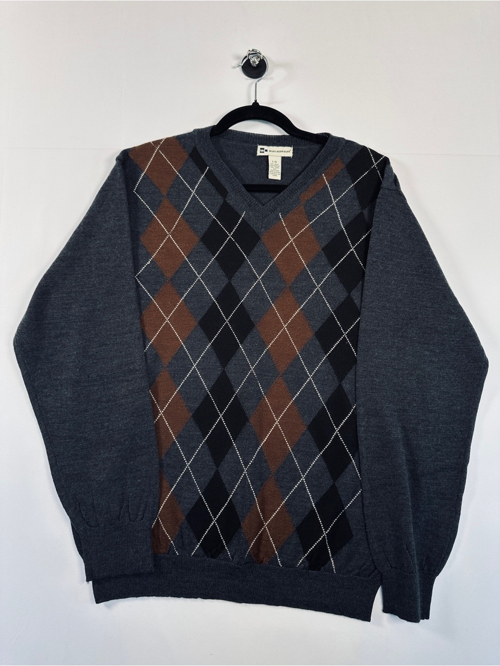 Wilke-Rodriguez Wool Blend Argyle V-Neck Sweater Charcoal Brown Size L